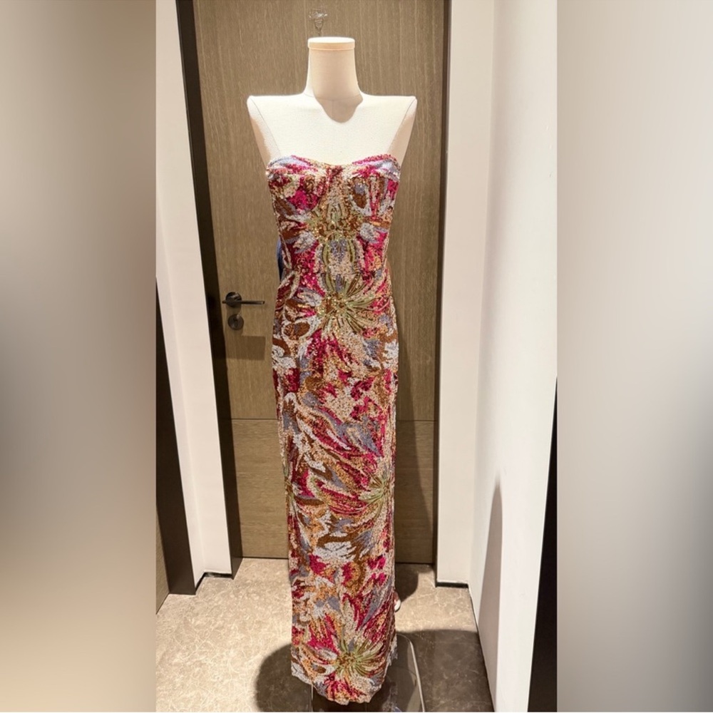 Bronx and Banco Strapless Sequin Gown in Pink, Gold, Blue